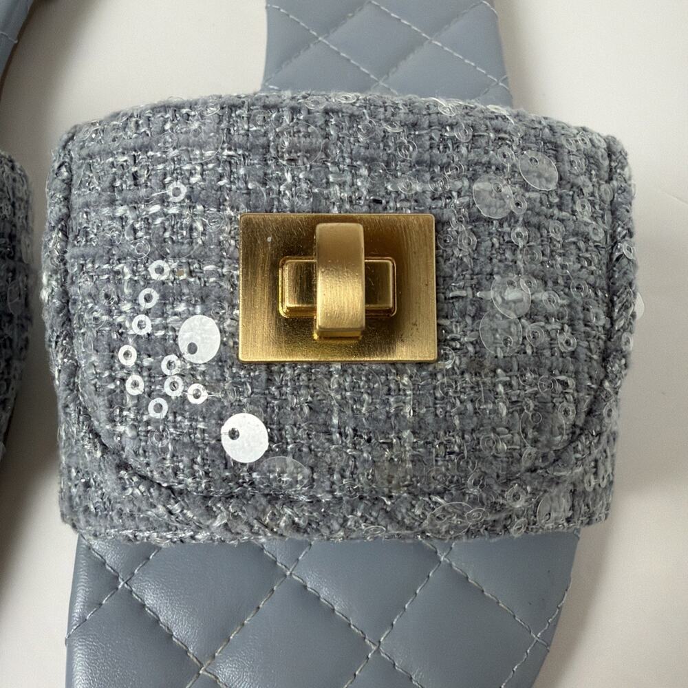 Steve Madden Moreland-S Sandals 10M Blue Gray Sequin Turnlock Slides